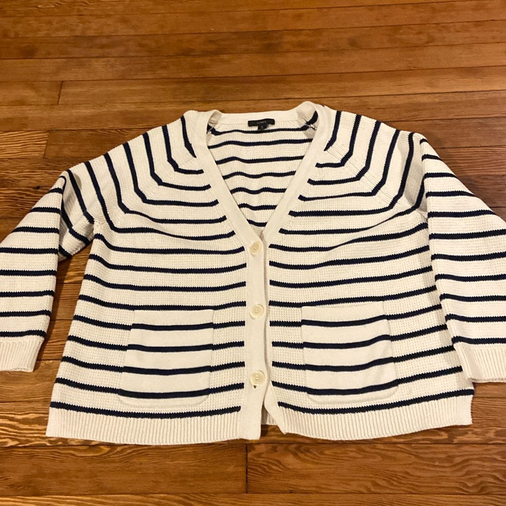 J Crew navy/cream striped button front cardigan.
